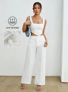 SHEIN PETITE Quần Ống Rộng Nữ Màu Trơn Cạp Cao, Chất Liệu Vải Chống Nhăn - trắng - Xem 4