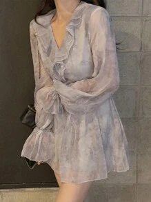 DAZY Women's Floral Ruffle Edge V-Neck Dress,Fall Dress Long Sleeve Dress