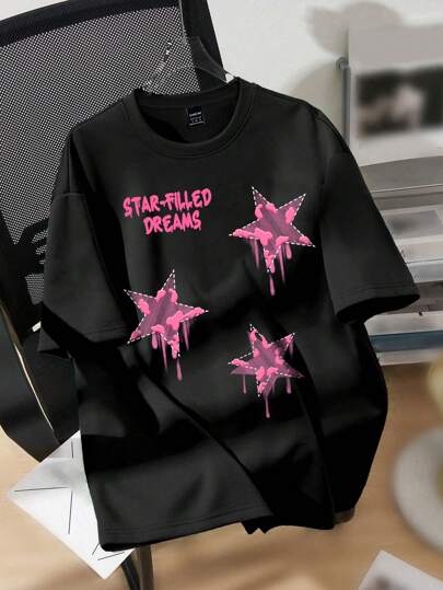 SHEIN EZwear Camiseta de mujer de cuello redondo, suelta y casual con estampado de estrellas rosa, adecuada para el verano