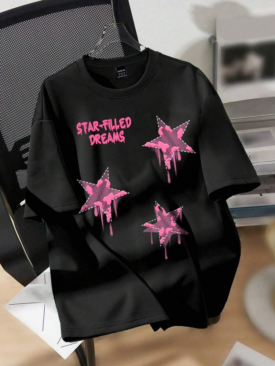 SHEIN EZwear 粉色星星图案休闲宽松圆领短袖女式T恤，适合夏季 - 黑色 - 查看 1