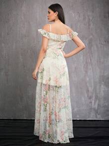 Mgiacy Spaghetti Strap Off Shoulder Ruffle Hem Romantic Embroidered Floral Print Asymmetrical Bridesmaid Dress - Coral Pink - View 2