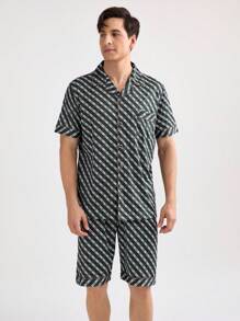 男士格紋短袖短褲夏季家居套裝 - 軍綠色 - 查看 7