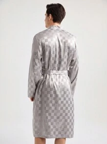 Men's Stylish Checkerboard Long Sleeved Mid-Length Homewear Bathrobe - Apricot - View 3