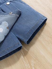 SHEIN Set de ropa de verano para bebé niña de 2 piezas, parte superior corta con cuello redondo y linda flor bordada con falda vaquera - Celeste - Ver 7