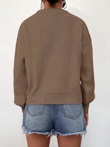 RueChic Solid Drop Shoulder Bishop Sleeve Sweater - Khaki - View 2