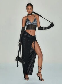 Studio Mila Sanchez Artist Dark Casual Printed Mesh Crop Halter Top For Women, Holiday, Going Out, Festival, Western Wear - Black - View 7