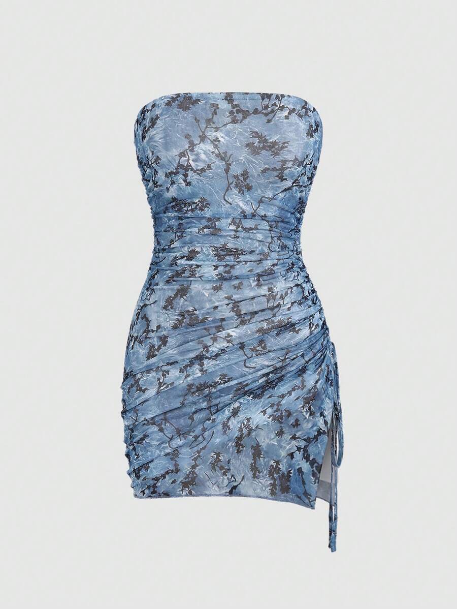 SHEIN Unity 女士花卉印花百褶無肩帶連身裙