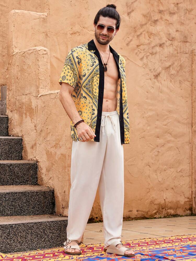 Men's Summer Light Breathable Woven Casual Beach Outfits,  Print Shirt