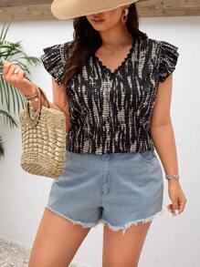 SHEIN Frenchy 大尺碼假日休閒鑲嵌蕾絲連衣裙，圓領拼接波浪袖花卉印花襯衫 - 彩色 - 查看 2