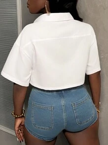 Slaydiva 女士休闲街头服饰白色 Polo 领口袋短款上衣 - 白色 - 查看 2
