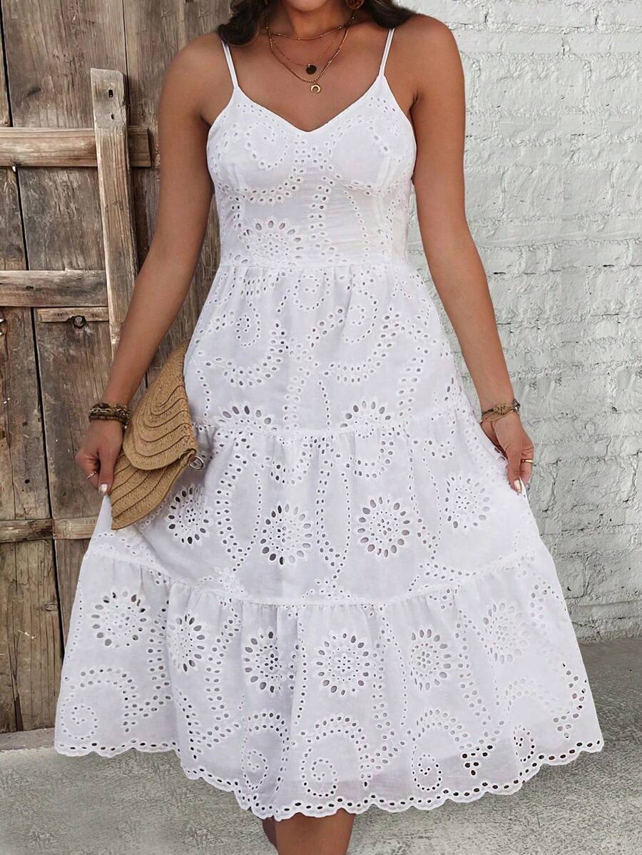 Breezaya Đầm hai dây thêu lỗ thời trang Boho cỡ lớn màu trơn cho nữ, trang phục mùa hè - trắng - Xem 1