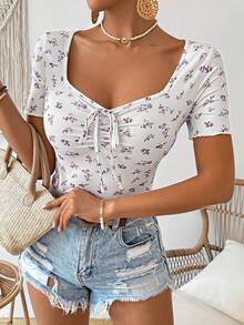 SHEIN Frenchy Women's Summer Floral Printed Drawstring Crop Top Short Sleeve Slim Fit T-Shirt - Mauve Purple - View 6