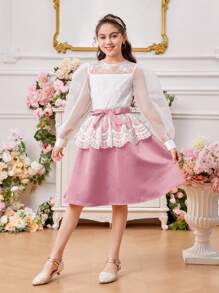 少女圓領燈籠袖網紗刺繡襯衫，附腰帶和裙子套裝