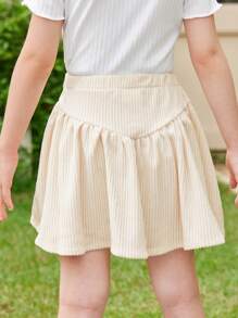 SHEIN 年輕女孩純色灰綠色的粗緞布休閒a字迷你裙 - 米色 - 查看 2