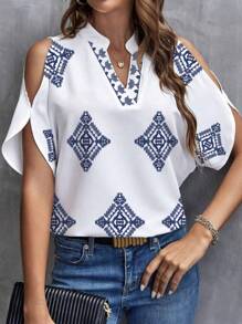 EMERY ROSE Sommer Pendler Kurzarm Hemd mit V-Ausschnitt und Cut-Out Schulterdesign, Kurzarm Oberteile