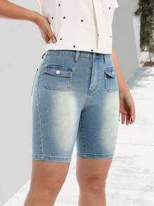 SHEIN LUNE Women's Plain Simple Denim Vintage Style Mid Length Shorts For Daily Wear
