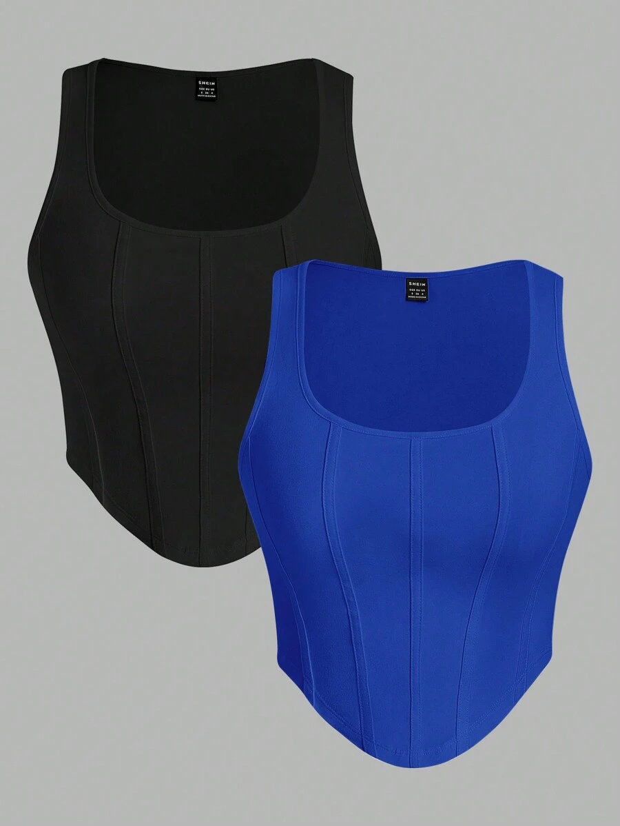 SHEIN EZwear 2 件女式罗纹设计修身休闲圆领背心，夏季塑身衣 Topcurve Plus 上衣 - 彩色 - 查看 1
