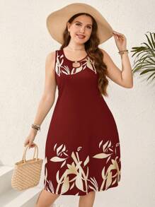 EMERY ROSE Plus Size Rỗng Out Keyhole Cổ In Hình Thực Vật Không Tay Mùa Hè Thường Ngày - Đỏ - Xem 4