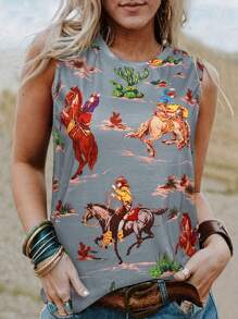 SHEIN LUNE 女式假日休閒仙人掌印花牛仔頂 - 淺灰色 - 查看 1