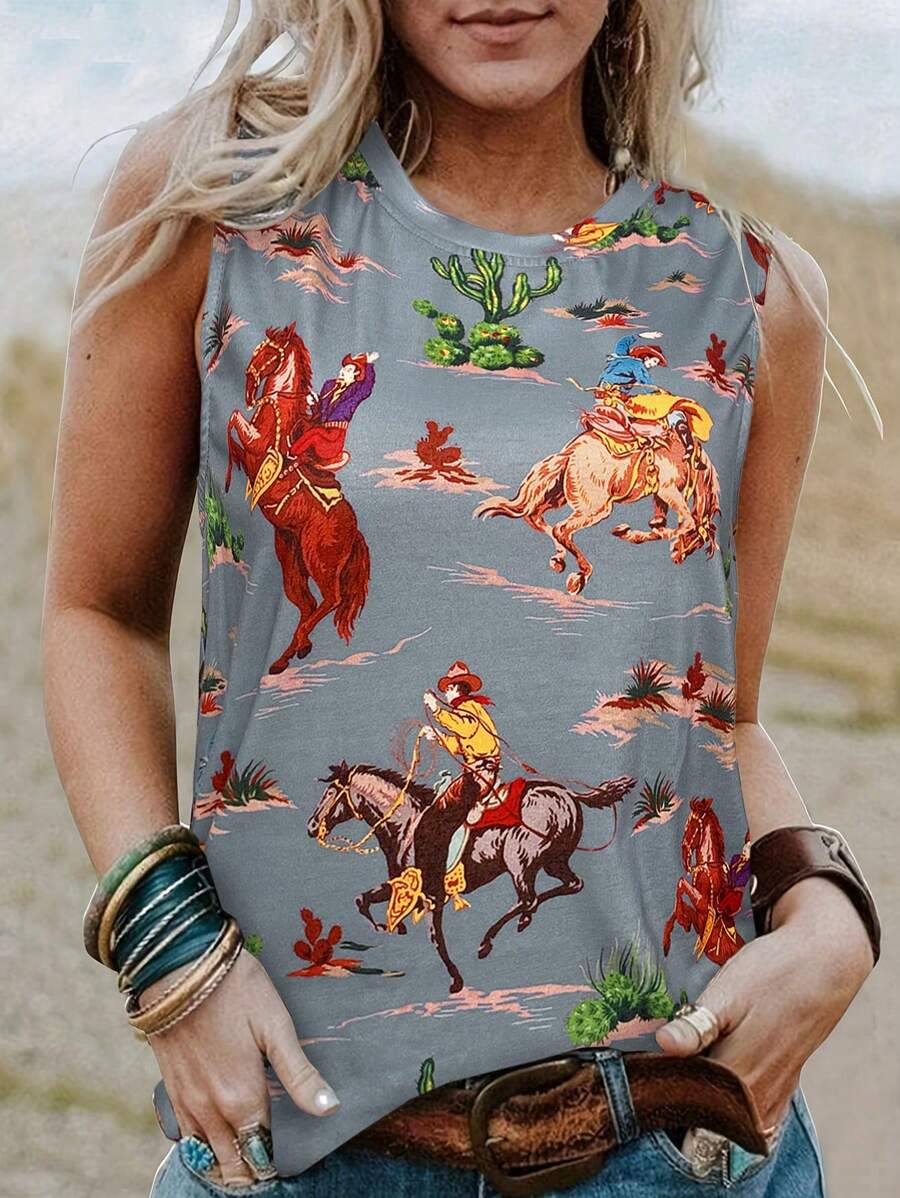 SHEIN LUNE 女式假日休閒仙人掌印花牛仔頂 - 淺灰色 - 查看 1