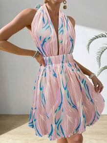 Breezaya Women's Printed Pleated Halter Neck Backless Vacation Dress