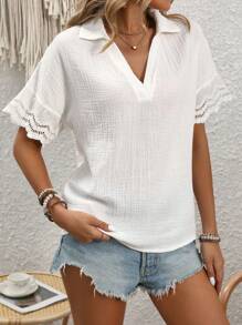 SHEIN LUNE 女士度假休閒純色V領花邊拼接袖子上衣 - 白色 - 查看 4