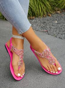 Plus Size Women's 35-43 European-Style Champagne Glitter Flip-Flops, Casual Beach Sandals, Daily Wear, Open-Toe, Fluorescent Pink Slippers With Slip-On Valentines
