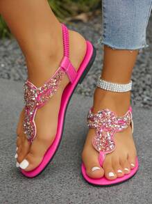 Plus Size Women's 35-43 European-Style Champagne Glitter Flip-Flops, Casual Beach Sandals, Daily Wear, Open-Toe, Fluorescent Pink Slippers With Slip-On Valentines