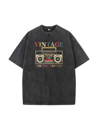 Men's Summer Letter Tape Print Round Neck Short Sleeve Casual Distressed Washed T-Shirt