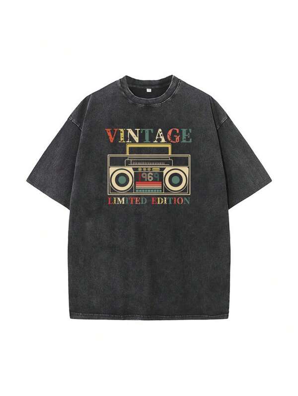 Men's Summer Letter Tape Print Round Neck Short Sleeve Casual Distressed Washed T-Shirt