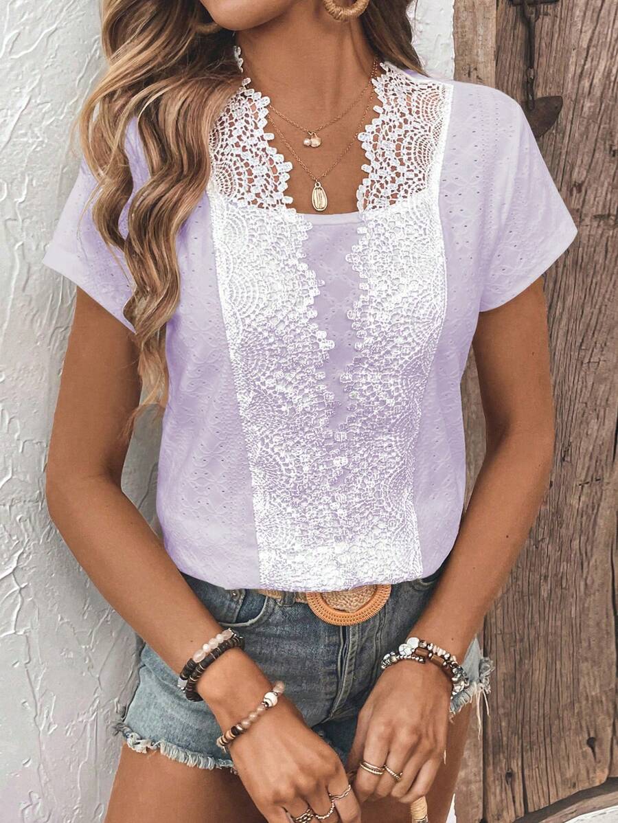 SHEIN LUNE Lace Trimmed Short Sleeve Women's Summer T-Shirt