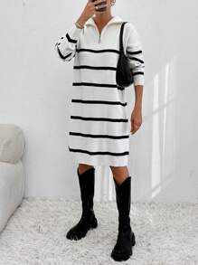 RueChic Gestreiftes Strickdesign-Strickkleid für Damen mit Reißverschluss-Details - Schwarz und Weiss - Übersicht 7