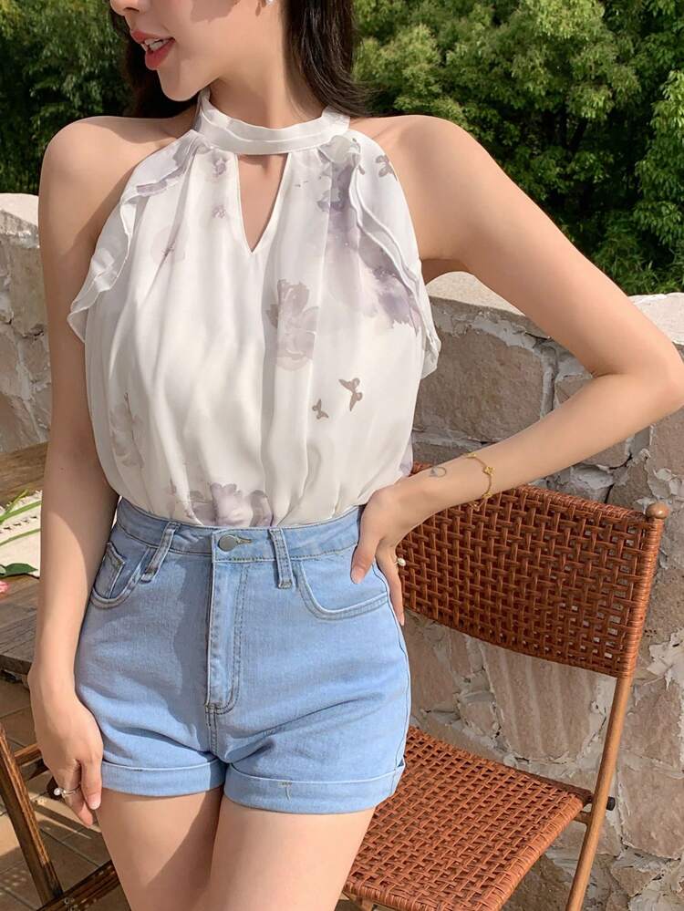 Women's Open Shoulder Simple Casual Top With Random Print For Daily Wear,Ruffle Going Out Tops