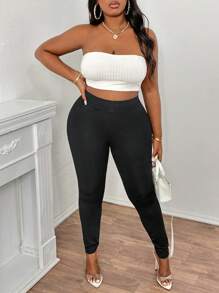 女性休閒瑜伽寬腰摺疊修身黑色打底褲，適用於音樂節 - 黑色 - 查看 6