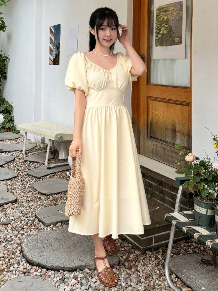 Women's Summer Solid Color V-Neck Pleated Puff Sleeve Long Elegant Dress Sundress,Casual Women Dresses
