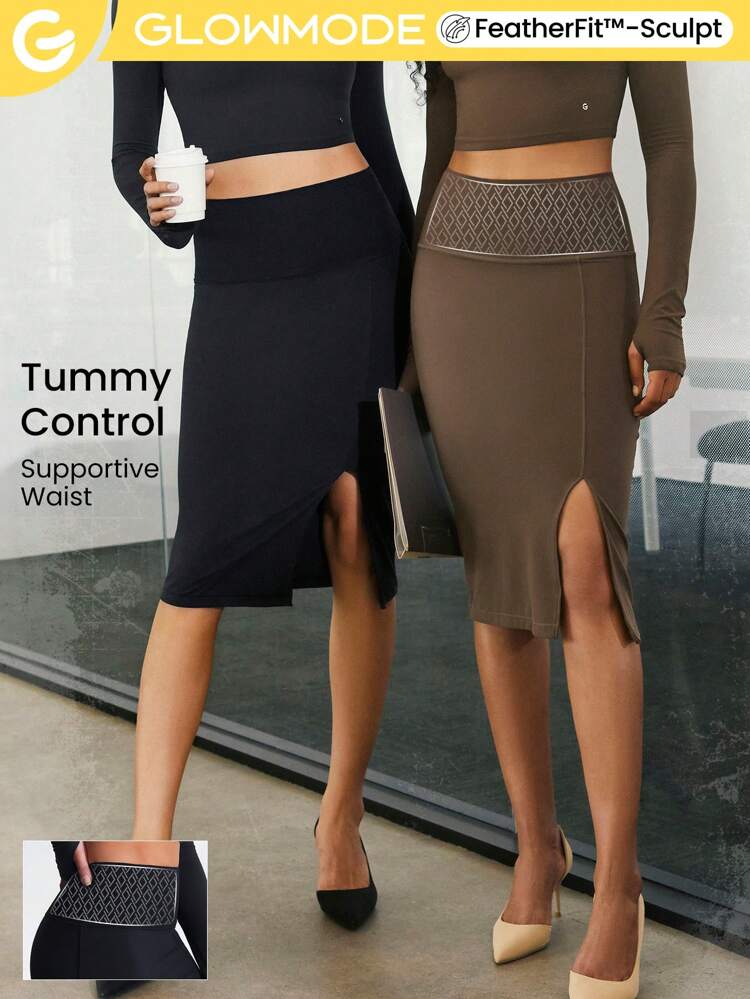 FeatherFit™-Sculpt Tummy Control Slit Midi Pencil Skirt