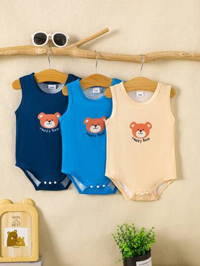 男婴休闲无袖针织连体衣套装，泰迪熊字母印花，适合夏季穿着