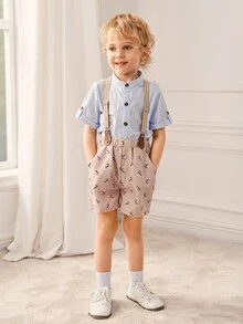 SHEIN 2pcs/Set Atasan Kerah Tegak Warna Polos Elegan dan Modis dengan Celana Pendek Suspender Motif Zebra untuk Anak Laki-laki, Musim Panas - Baby Blue - View 6