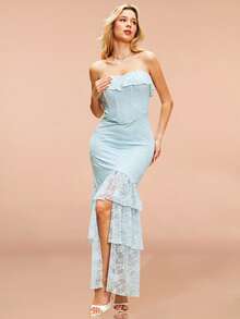 Elegant Summer Strapless Dress With Stretchy Lace Material, Asymmetric Hemline And Ruffles - Royal Blue - View 1