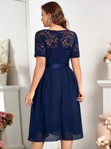 Plus Floral Lace V-Neck Ruffle Trim Chiffon A-Line Hem Semi Formal Party Swing Dress