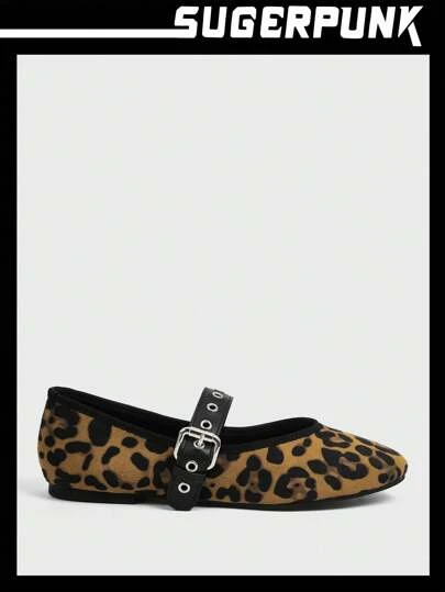 Sugerpunk Sandalias planas de mujer con estampado de leopardo, simples y versátiles, adecuadas para actividades al aire libre, con diseño de banda única y hebilla con tachuelas, Y2K punk, cool, deportiva, para Navidad, Año Nuevo, San Valentín, otoño