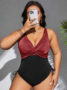 SHEIN Swim Curve Đồ bơi liền thân xếp ly thiết kế chữ thập phối màu cỡ lớn cho nữ mùa hè - Màu Đỏ Sâu - Xem 4