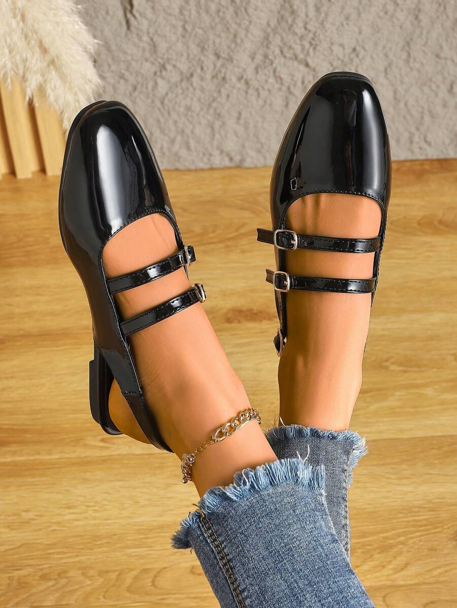 女士黑色扣釦平底鞋，時尚休閒約會鞋，優雅女士小皮鞋 - 黑色 - 查看 1