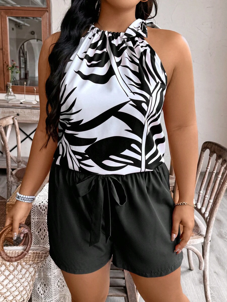 SHEIN LUNE Áo dây và quần đùi in hình cây Plus Size dành cho nữ, Bộ hai mảnh mùa hè - màu đen - Xem 1