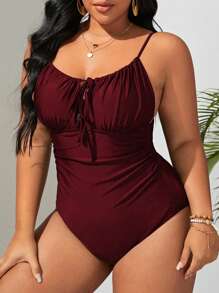 SHEIN Swim Curve 2025 Damen Große Größen einteiliger Badeanzug mit Schleife vorne, Sommerfarbe