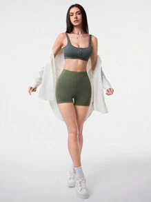 SHEIN Sport Gameset Sujetador deportivo para mujer con correas anchas y unicolor, adecuado para yoga