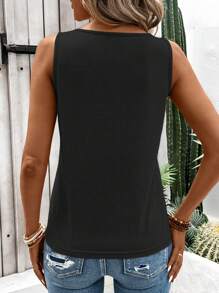 EMERY ROSE Top casual estivo per donna a tinta unita con collo con foro a chiave con decorazione a anello rotondo e vuoti decorativi