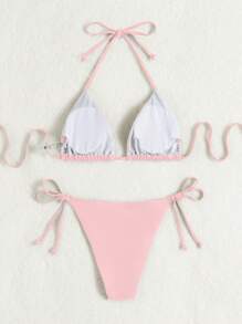 Swim Mod 女式夏季沙灘純色頸後帶性感比基尼套裝 - 粉色 - 查看 2