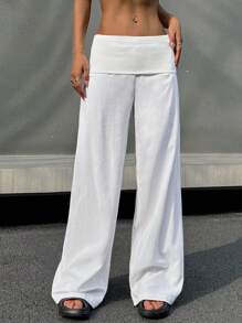 SHEIN EZwear Women Casual Solid Color Low Waist Wide Leg Pants - White - View 1