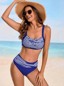 Swim Lushoire Conjunto de bikini de mujer de verano con rayas, nudo trenzado y estampado floral aleatorio, 2 piezas